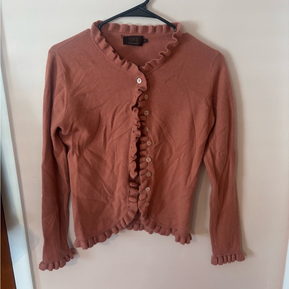 Pure Collection 100% Cashmere ruffle edge cardigan 10 small flaw Orange / Peach